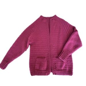 Hand knit burgundy open front cardigan with front pockets